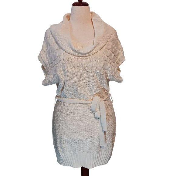 Apostrophe Short Sleeve Loose-Knit Cowlneck Sweater Dress, Cream/Ivory Color, XL - Picture 2 of 14